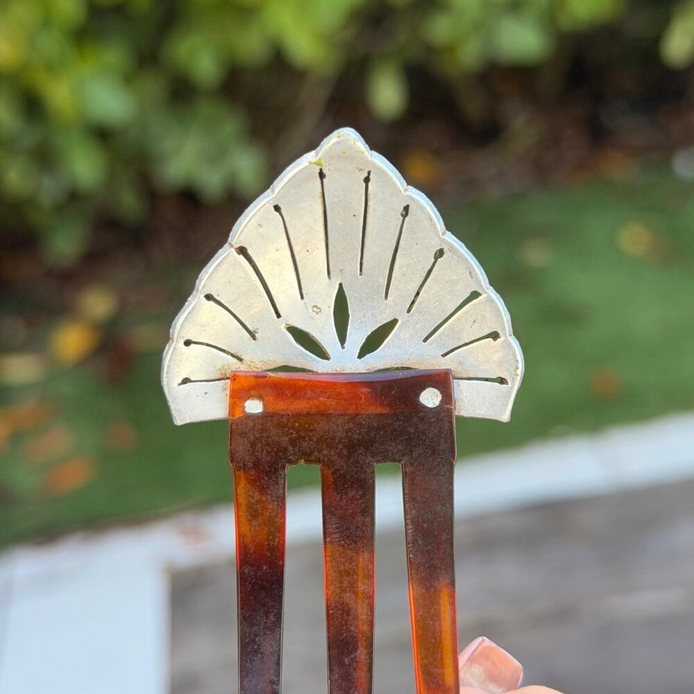 1920s Art Deco Celluloid Silver Rhinestone Hair Clip Comb Vintage Tortoise shell - Picture 6 of 6